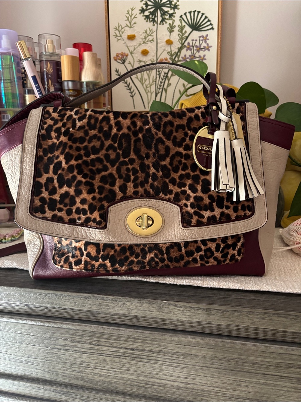 COACH Legacy Colorblock
Ocelot Haircalf Flap Carryall in Aubergine/Multi